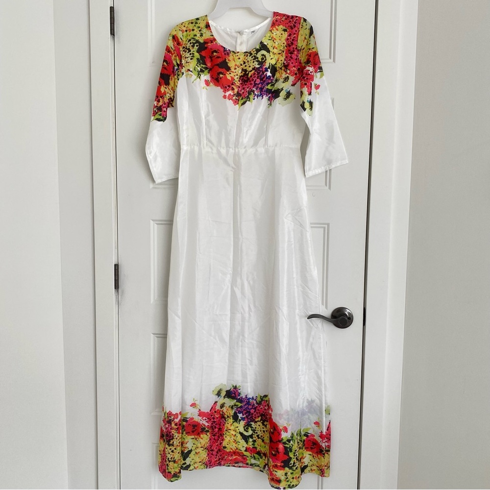 NEW White Maxi Dress with Floral Detail Small